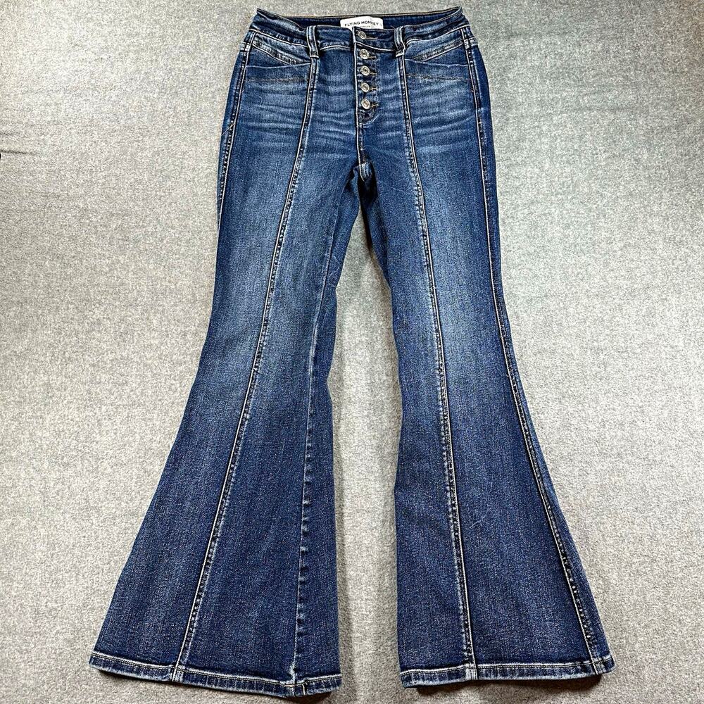 Flying Monkey Womens 27 High Rise Super Flare Jeans Button Fly Pintuck Dark Wash